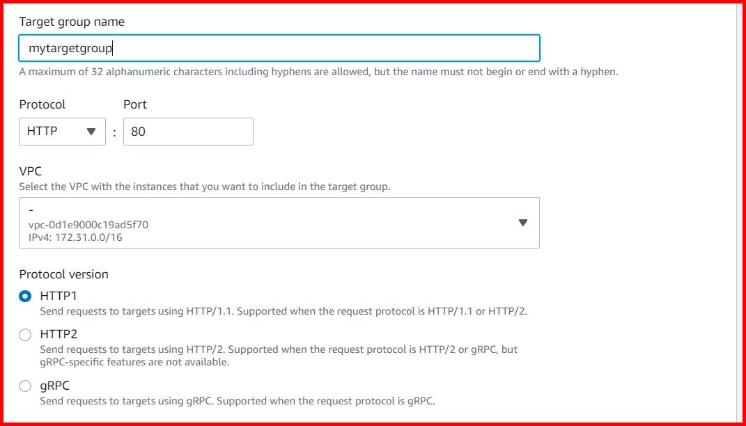 Picture showing specifying the protocol and target group name while creating the new target group